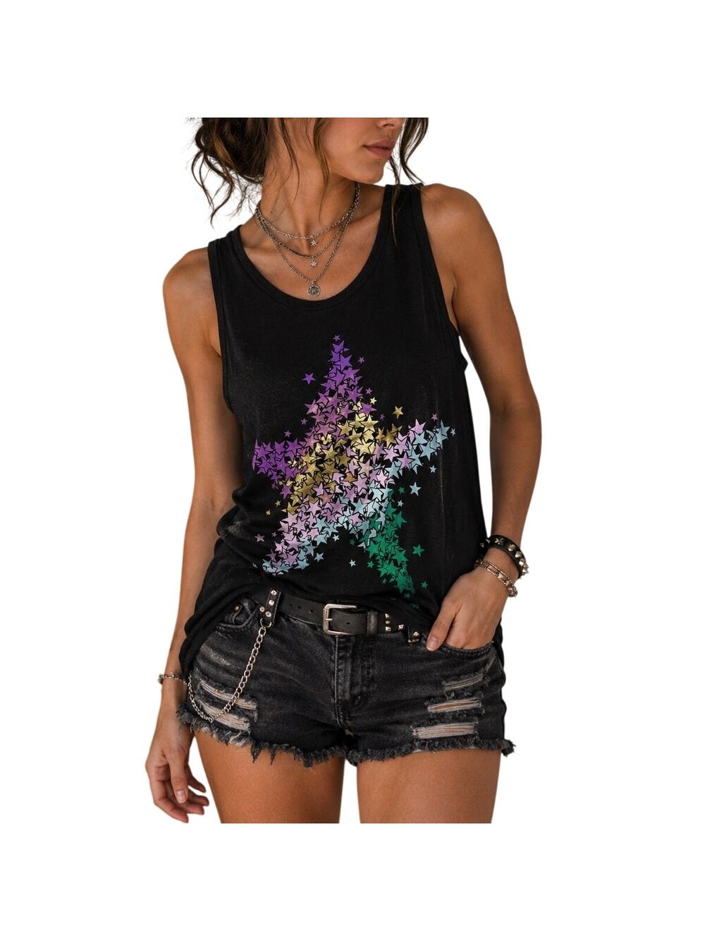 Lauren Moshi Y2K Graphic Star Tank Top Size XS Black Indie Sleaze Pop Punk Emo